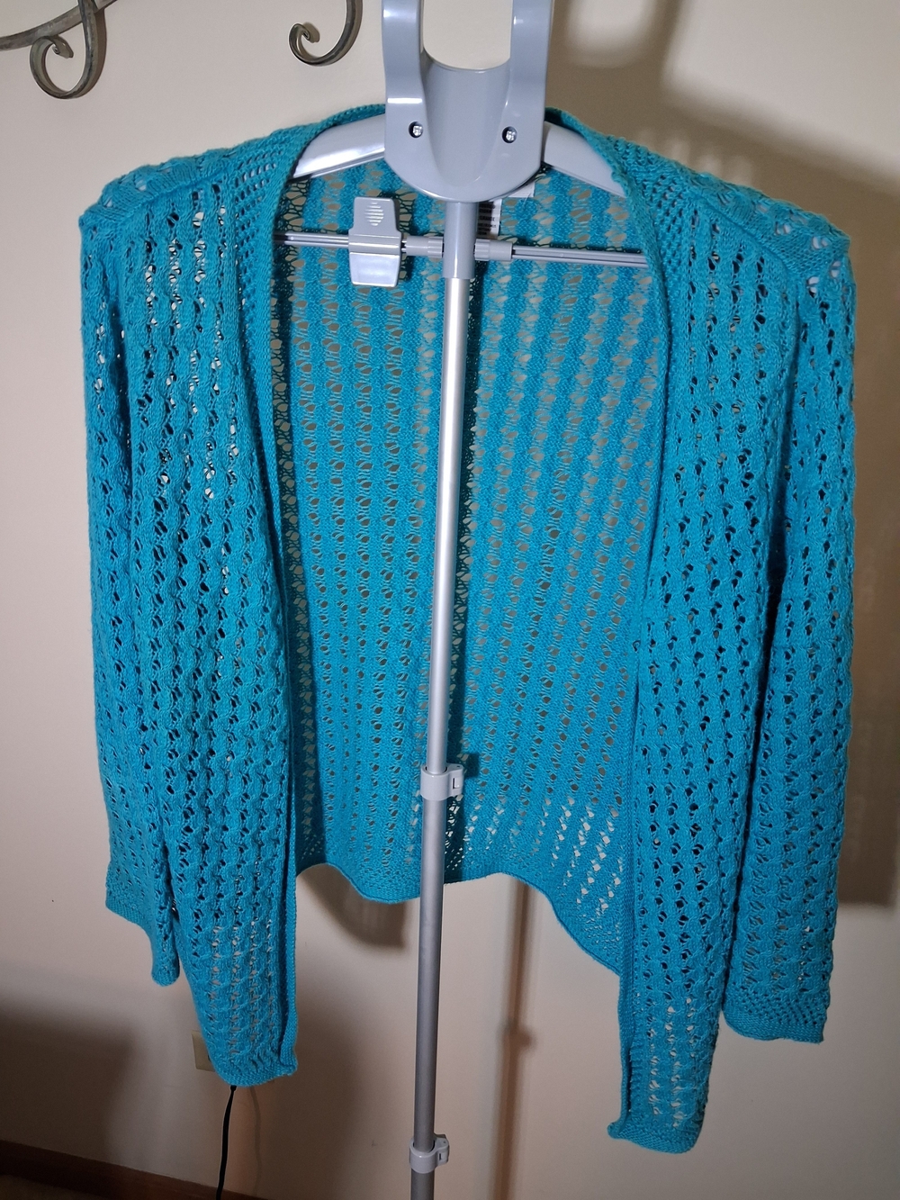 Sag Harbor Open-Front Teal Crochet Knit Cardigan